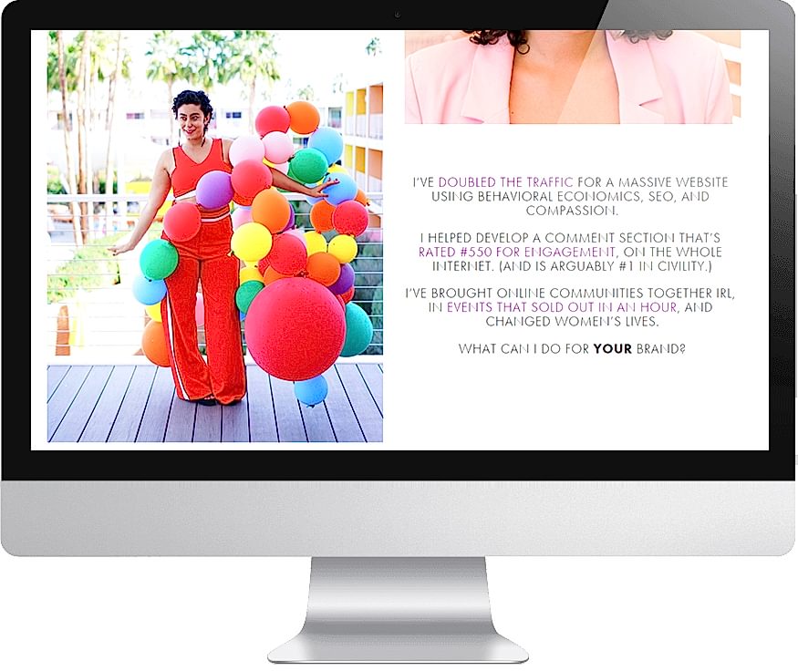 A page from Najva Sol's Squarespace website with a picture of her surrounded by a bright balloon installation, as shown on a computer monitor