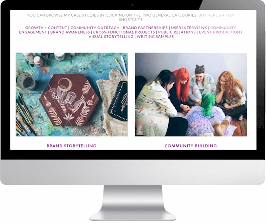 A computer monitor displaying a page from Najva Sol's Squarespace website, showing case studies of her previous projects.
