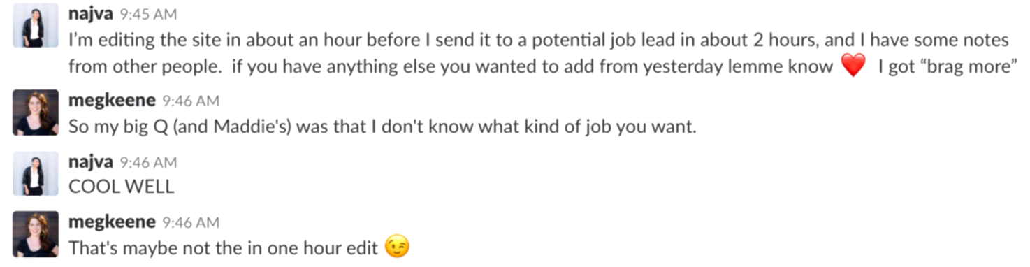 An excerpt from a Slack conversation between Najva Sol and Meg Keene, regarding Najva's Squarespace website.