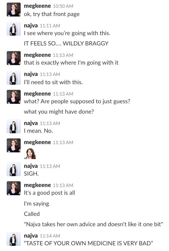 An excerpt from a Slack conversation between Najva Sol and Meg Keene, regarding Najva's Squarespace website.