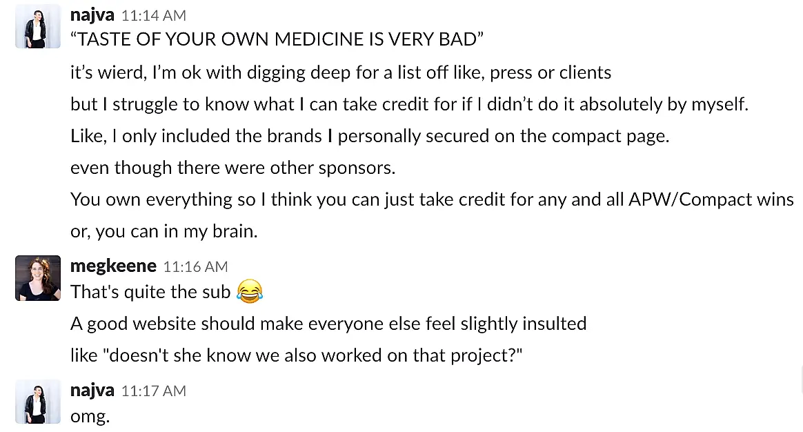 An excerpt from a Slack conversation between Najva Sol and Meg Keene, regarding Najva's Squarespace website.