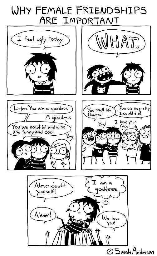 A black and white comic illustrating "Why Female Friendships Are Important"
