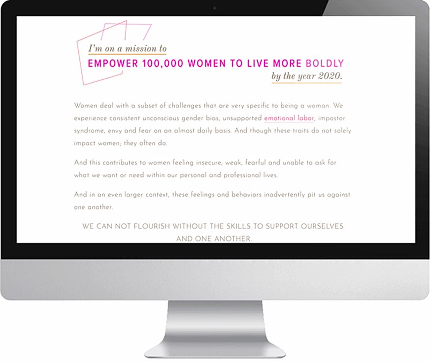 A page from Cyndie Spiegel's Squarespace website that reads "I'm on a mission to empower 100,000 women to live more boldly by the year 2020" as shown on a computer monitor 