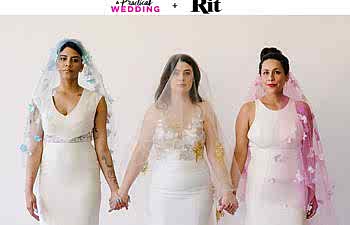 Three women wearing white wedding dresses stand holding hands in their Rit Dye colorful wedding veils. The text "A Practical Wedding + Rit" reads above.