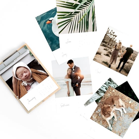 Arrangement of photo calendars for bridal shower favors