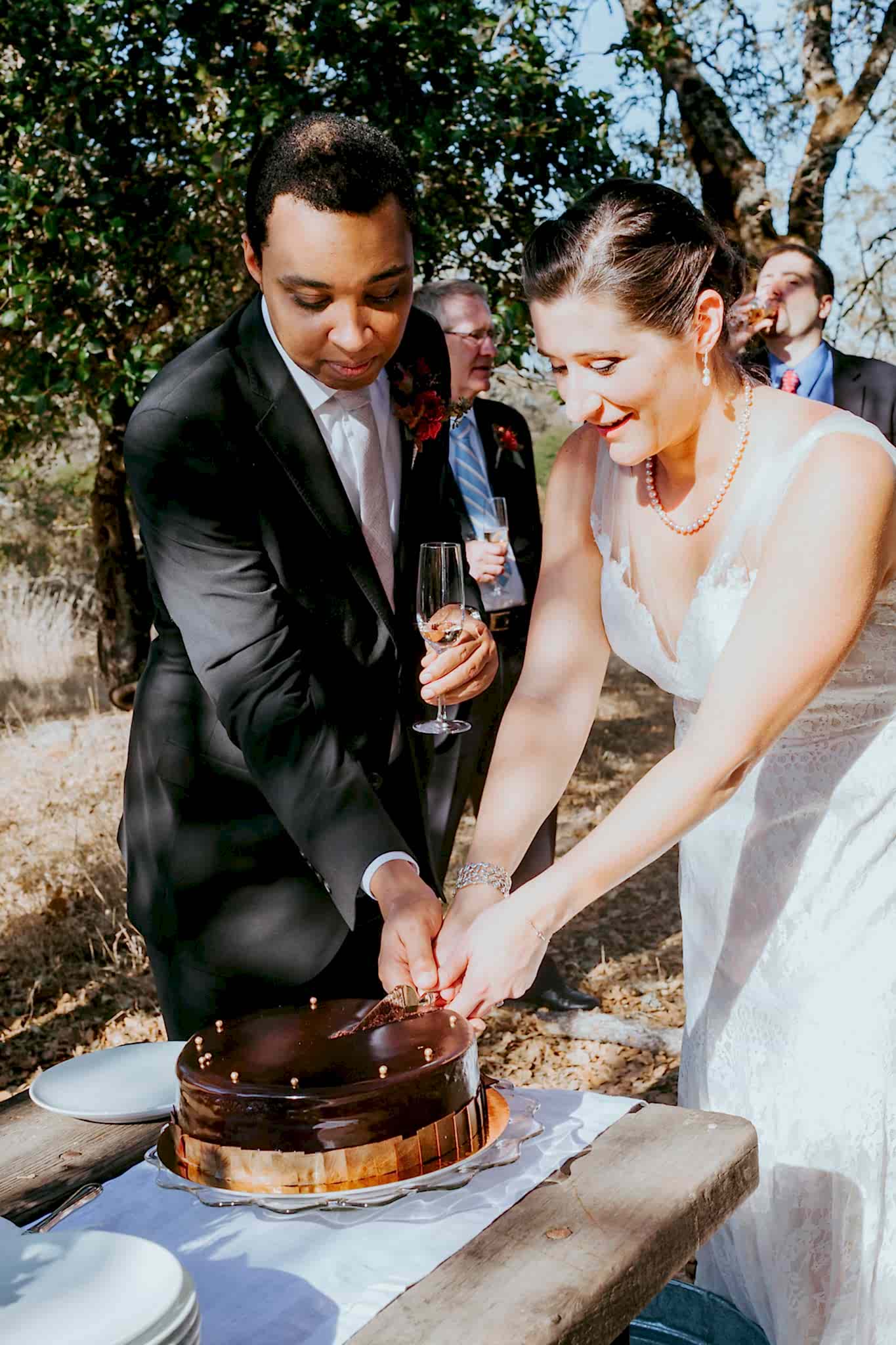 A wedding couple cut their wedding cake. Small shindigs