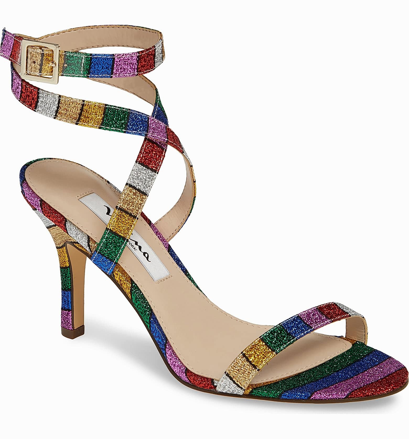 Rainbow colored squares on a high heel