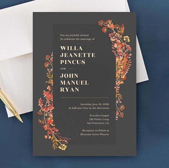 Orange floral design wedding invite