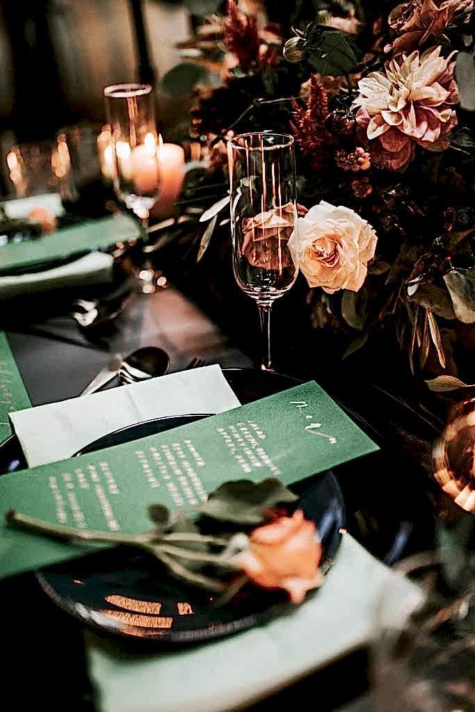 A table seating placement with flowers