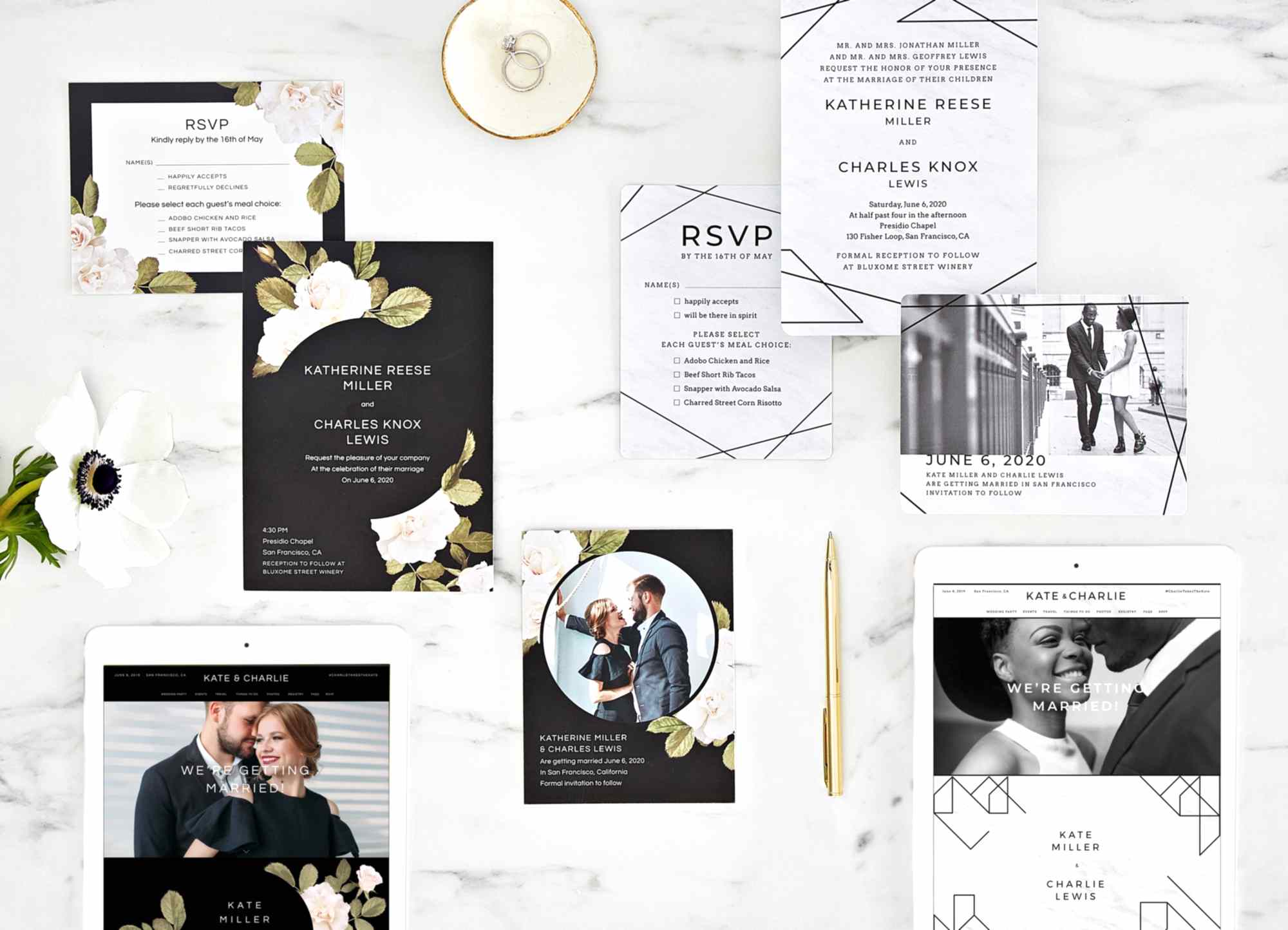 Overhead lay flat view of wedding invites and RSVPs
