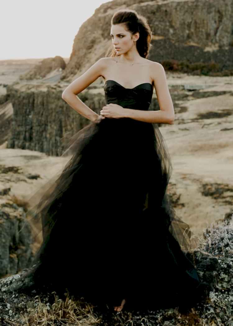 A model wears A daring dress for an adventuress. Two piece ensemble of structured taffeta bustier and asymmetric tulle ballgown skirt.