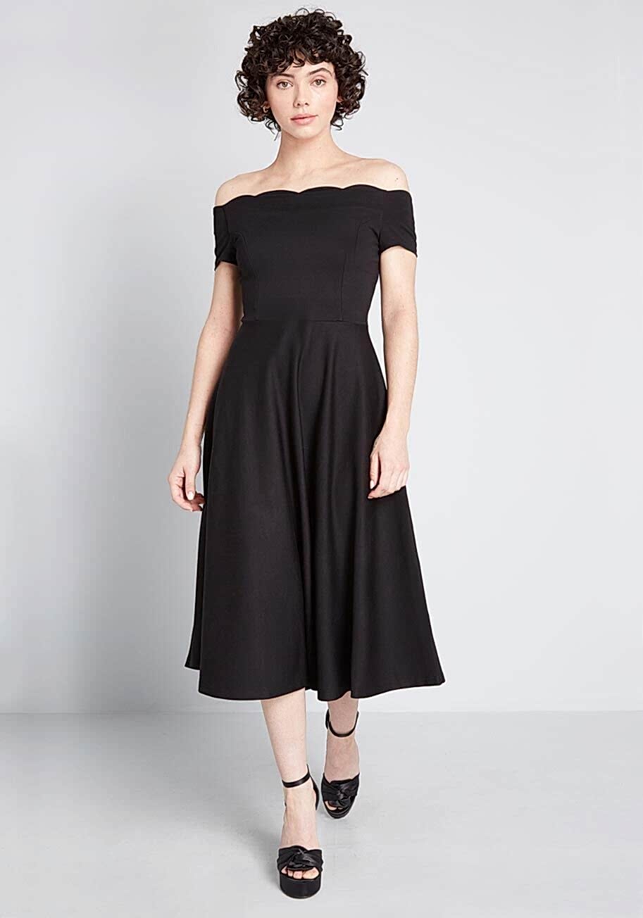 A foundation of soft-yet-substantial ponte knit fabric forms the scalloped off-the-shoulder straps, tailored bodice, and a swing skirt! Black Wedding Dresses