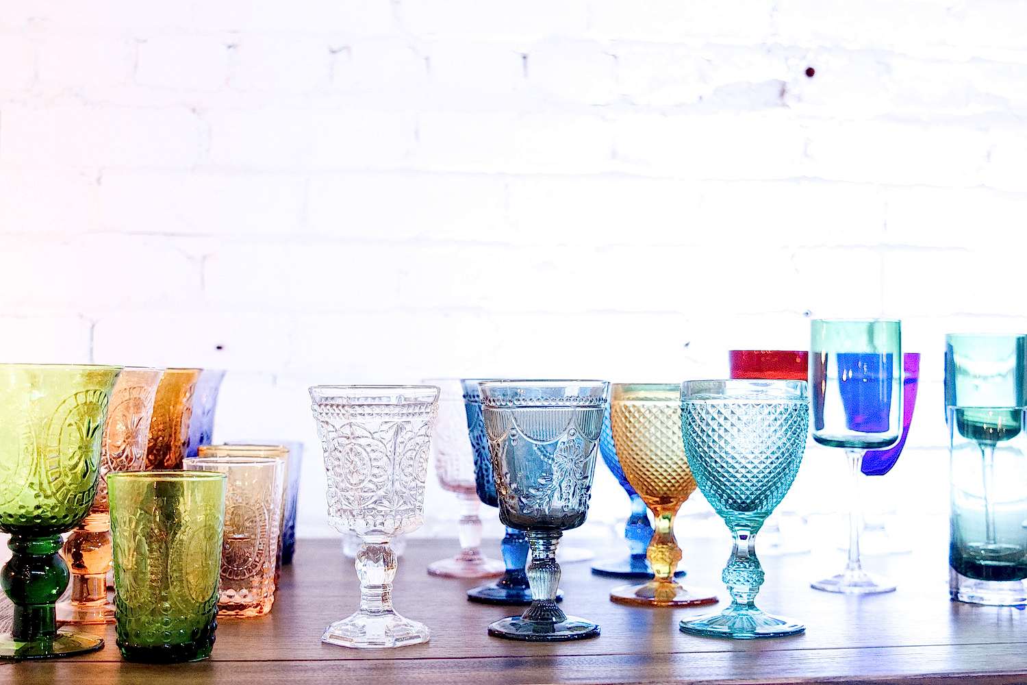 Various glass goblets on a table.