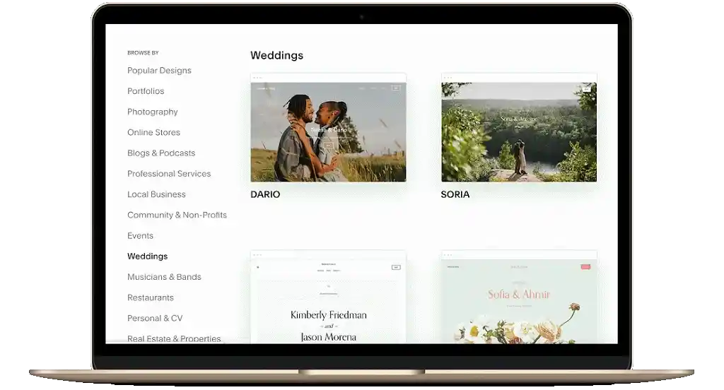 Animated gif showing various wedding website templates.