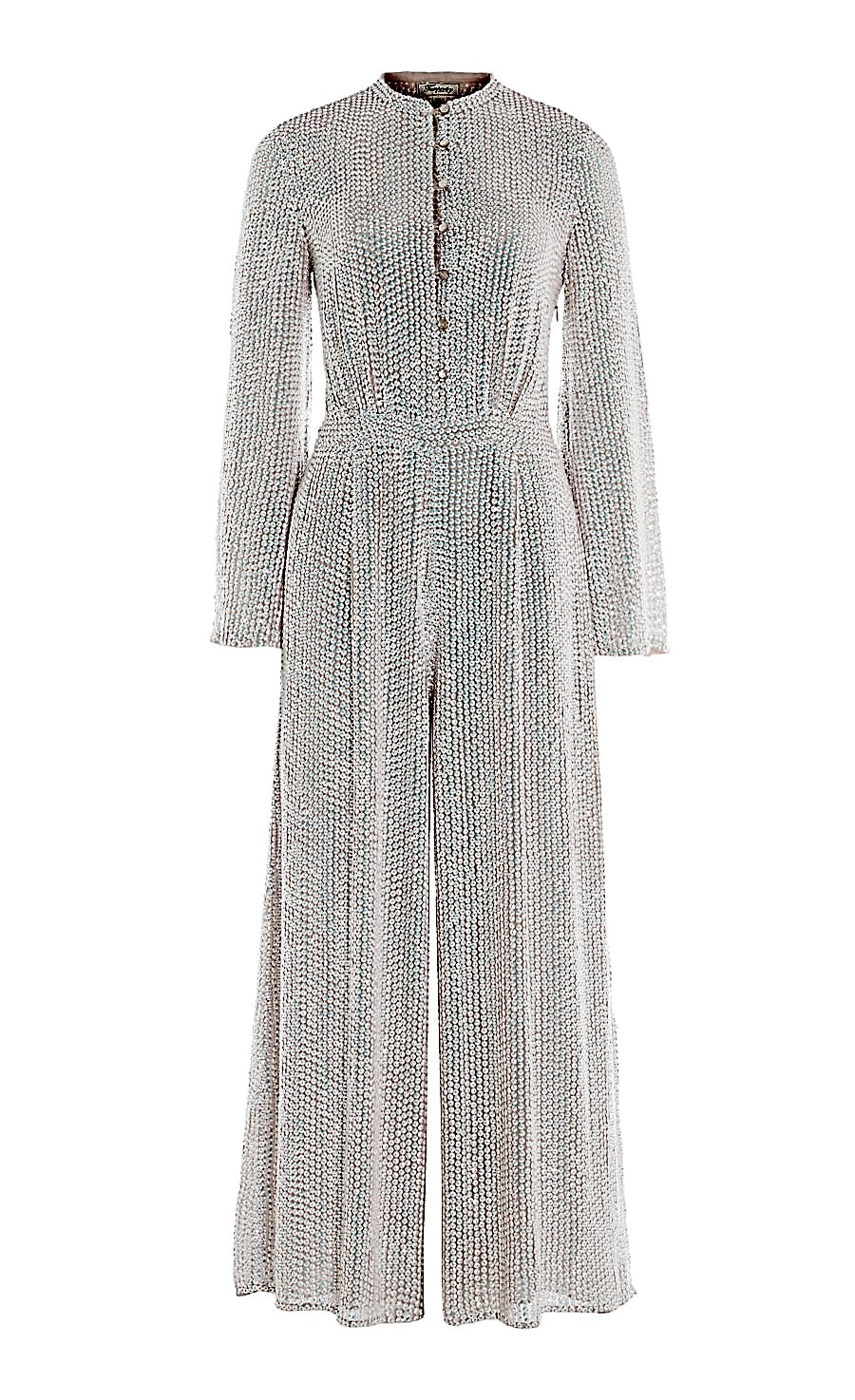 Long billowing sleeves and a button-up front provide exquisite detailing and a beautiful silhouette for a decadent evening look.