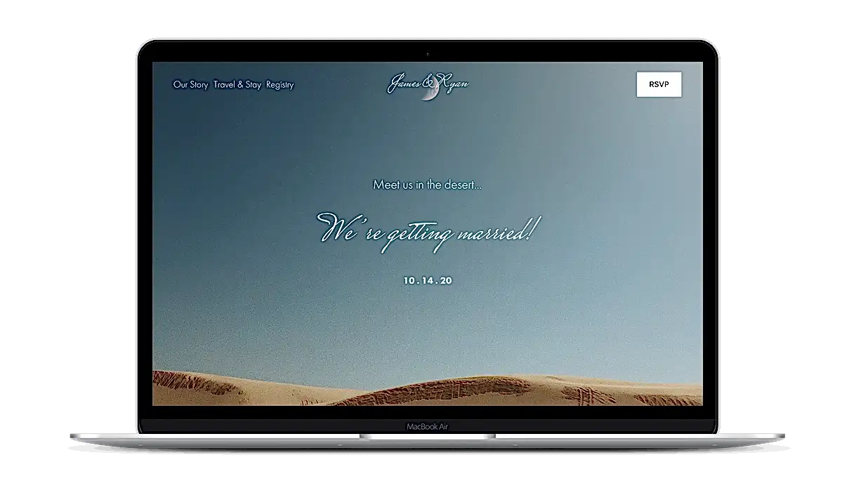 A wedding website template with a desert style photo.