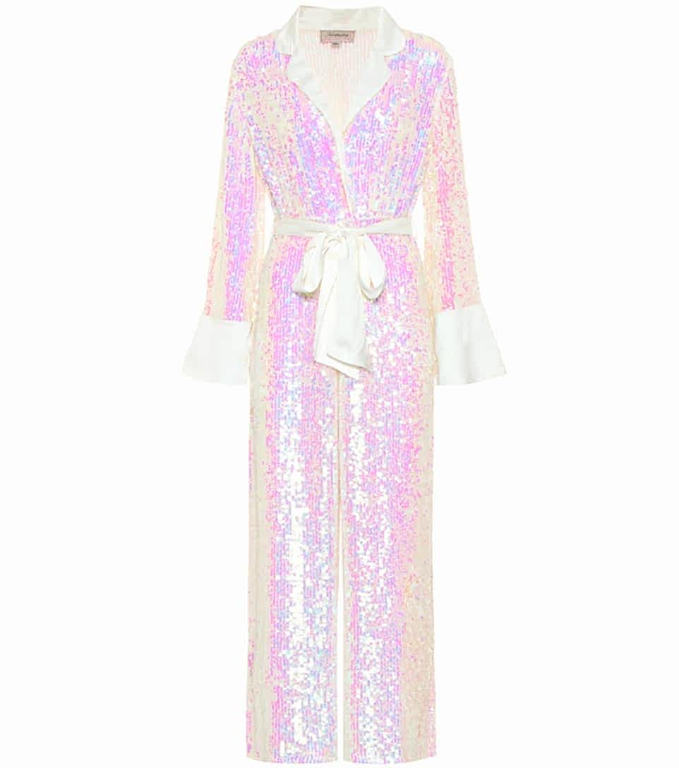 An iridescent sequined georgette jumpsuit seems like it should be a closet staple as well as wedding appropriate.