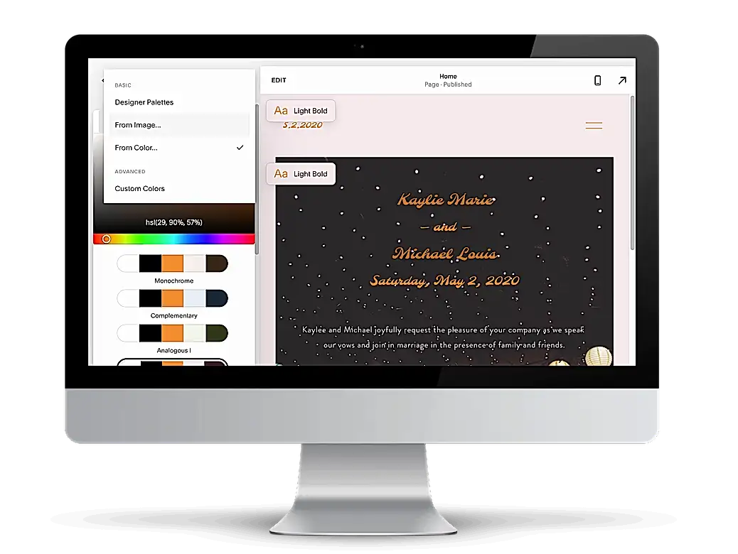A computer screen showing some of the color options for a wedding website template on Squarespace.