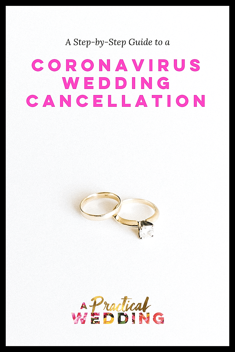 graphic with two wedding rings that reads "your step by step guide to a coronavirus wedding cancellation" in pink text