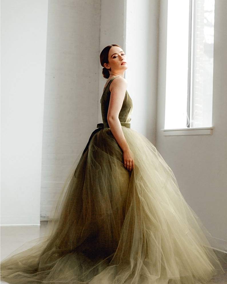 A moss green tulle skirt.