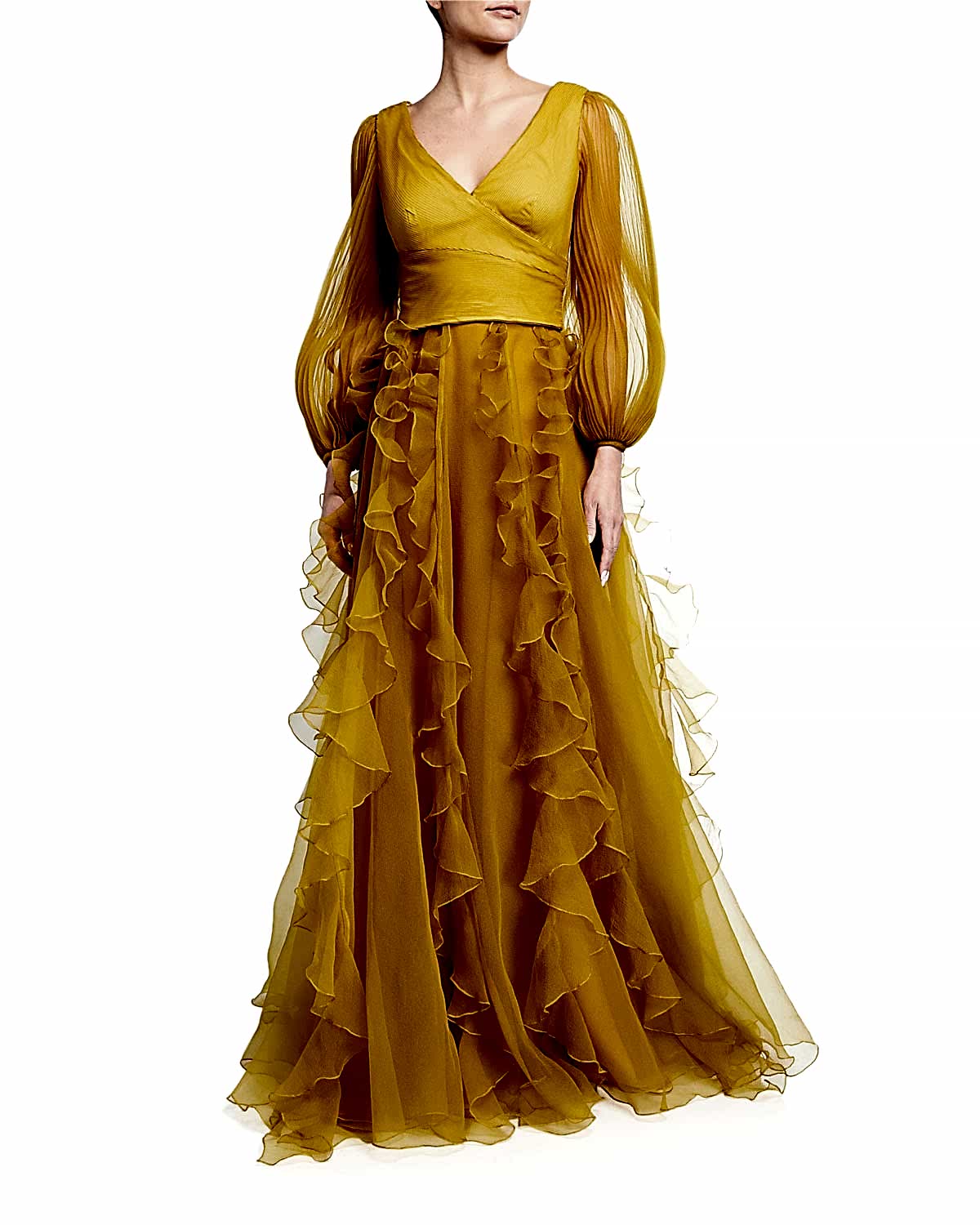 A mustard colored ruffled dress
