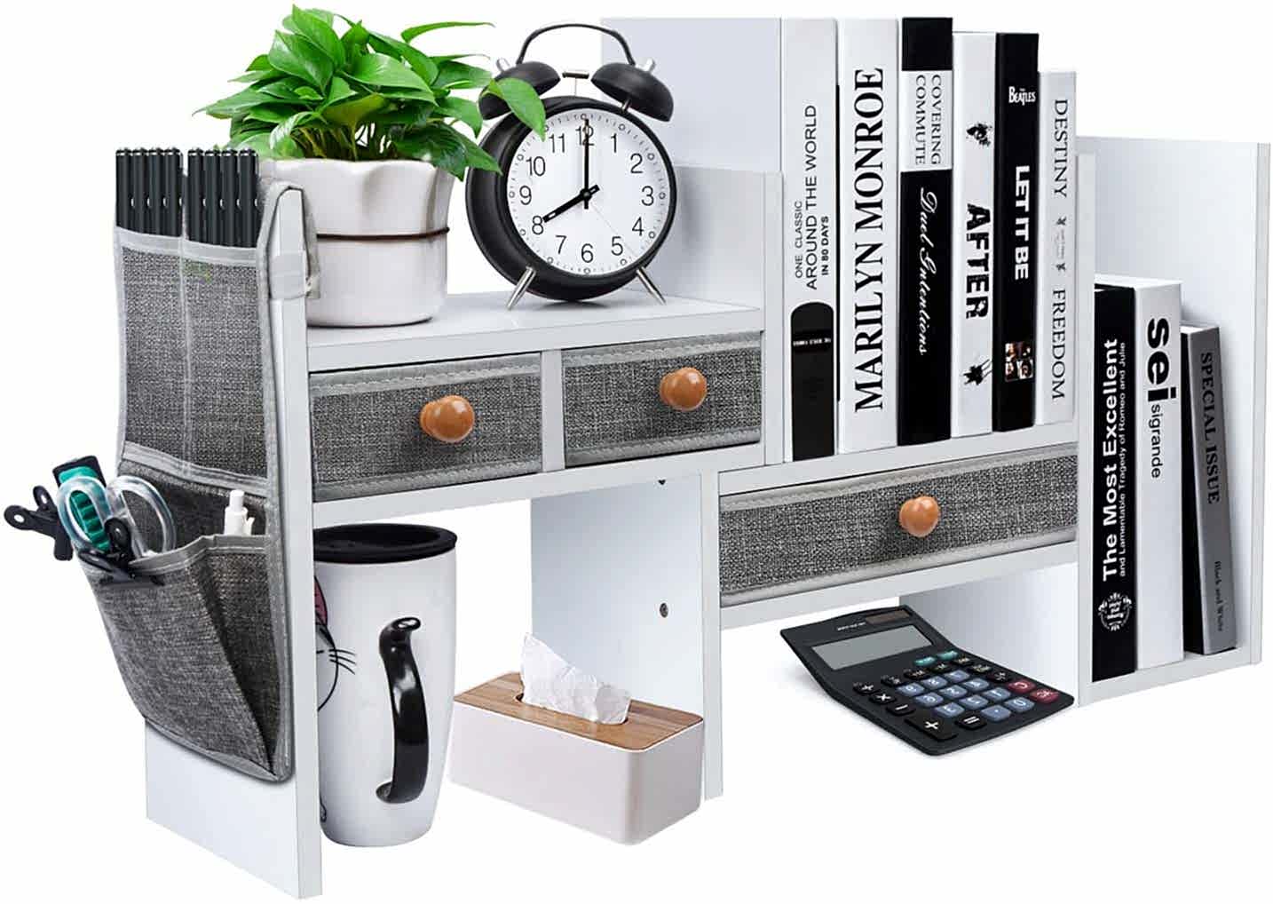 white desktop organizer with books and accessories to make WFH easier
