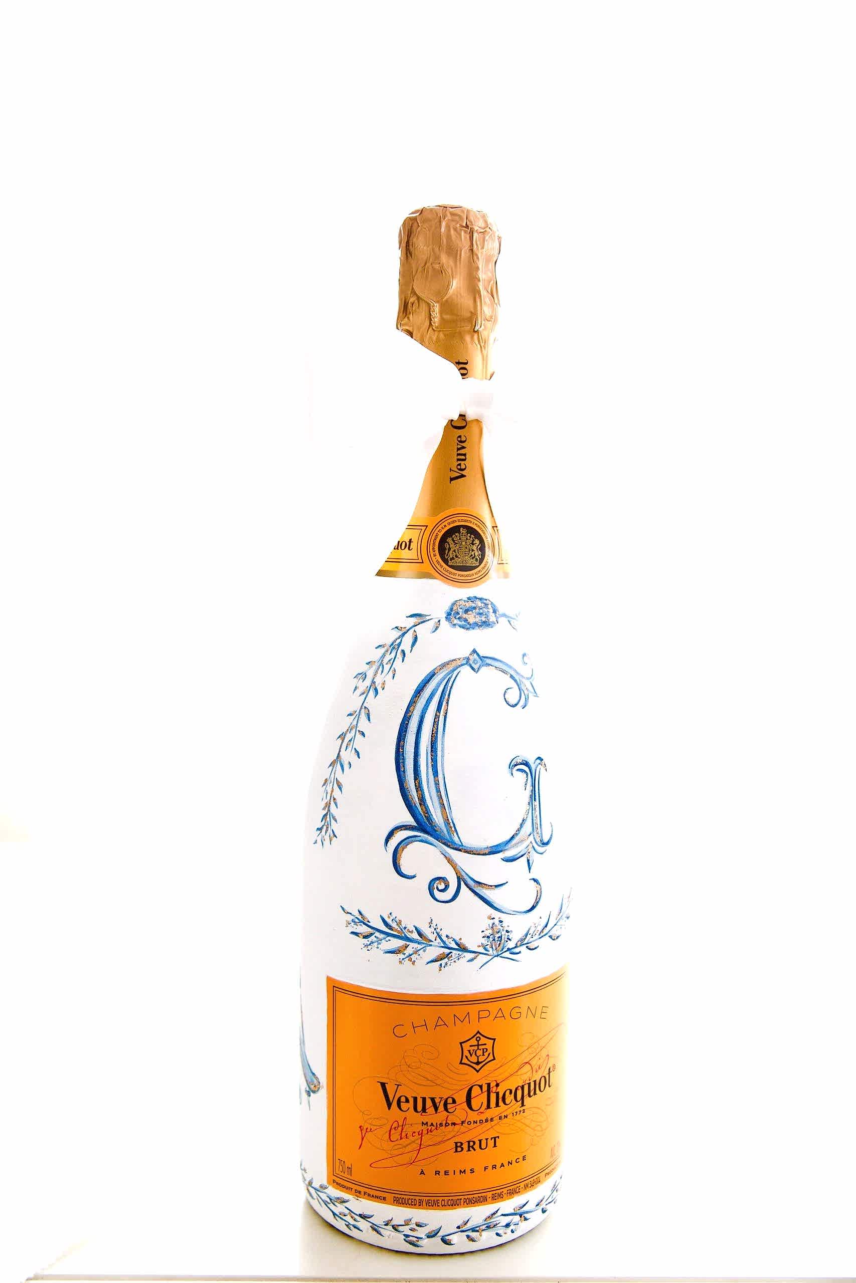 white hand painted champagne bottle