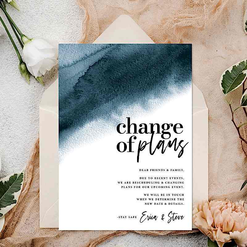 blue watercolor card that says change of plans