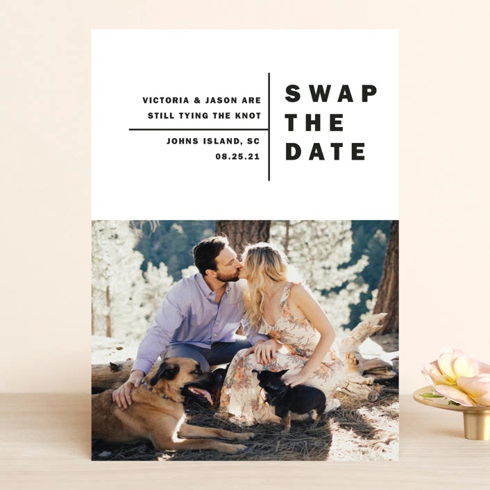 simple graphic swap the date with picture of a kissing couple and their two dogs