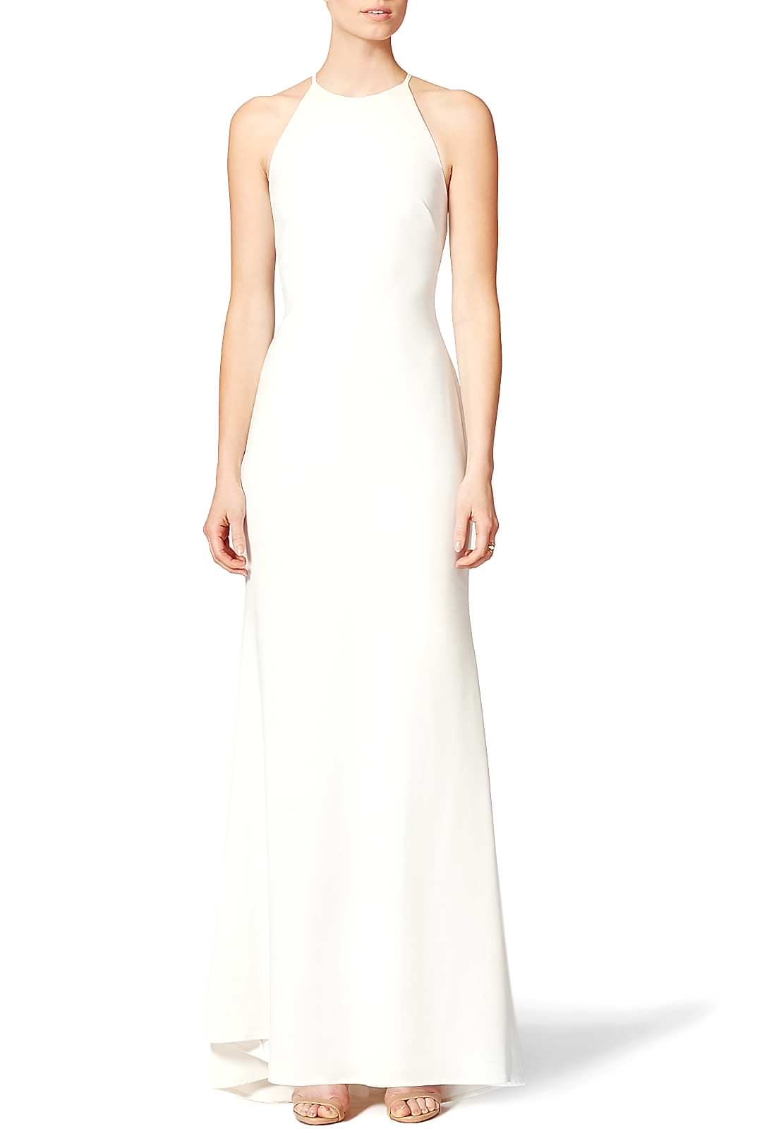 Woman in off the rack white fitted wedding dress