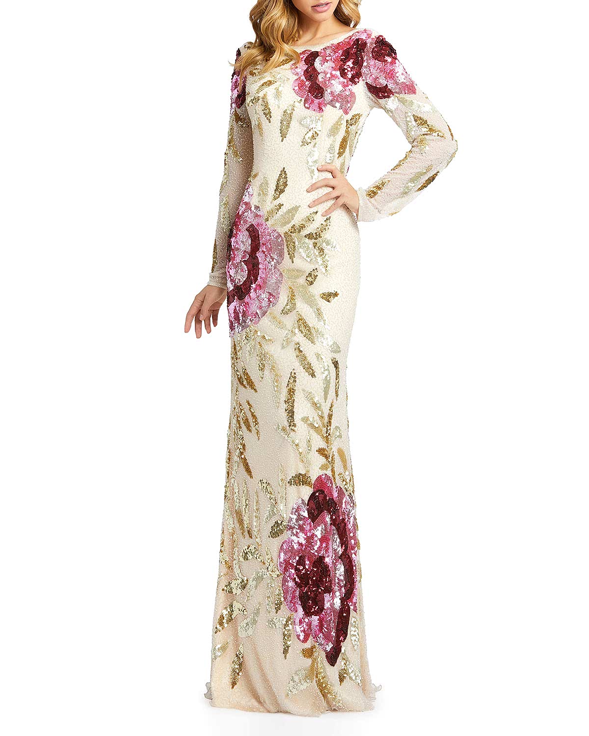 Woman with light hair in off the rack floral embellished wedding dress