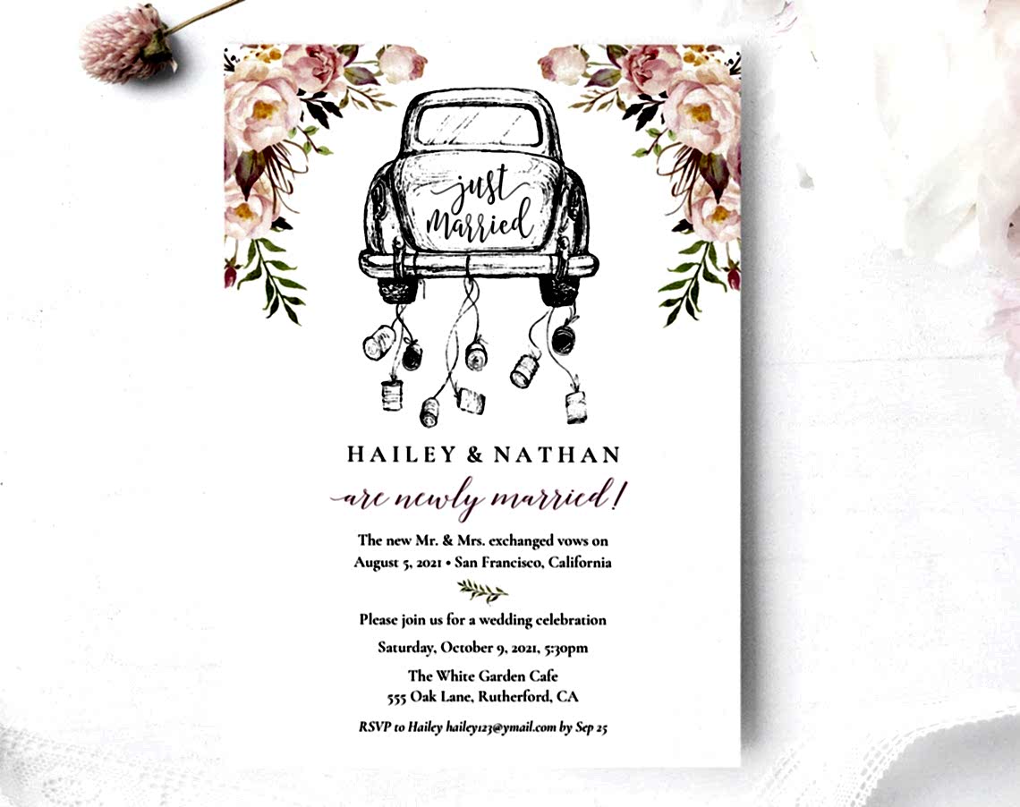 announcement with illustrated getaway car with tin cans