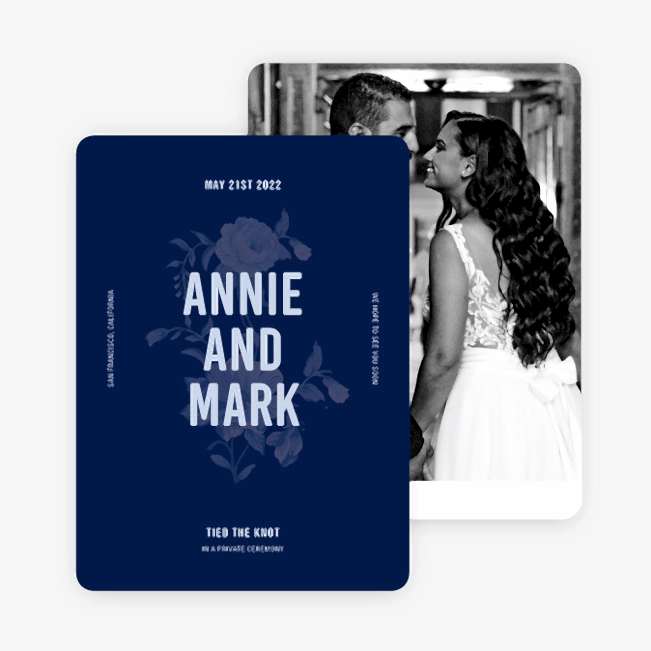 a wedding announcement with a floral motif on one side and an image on the other