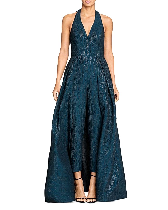 teal embellished formal jumpsuit with skirt overlay