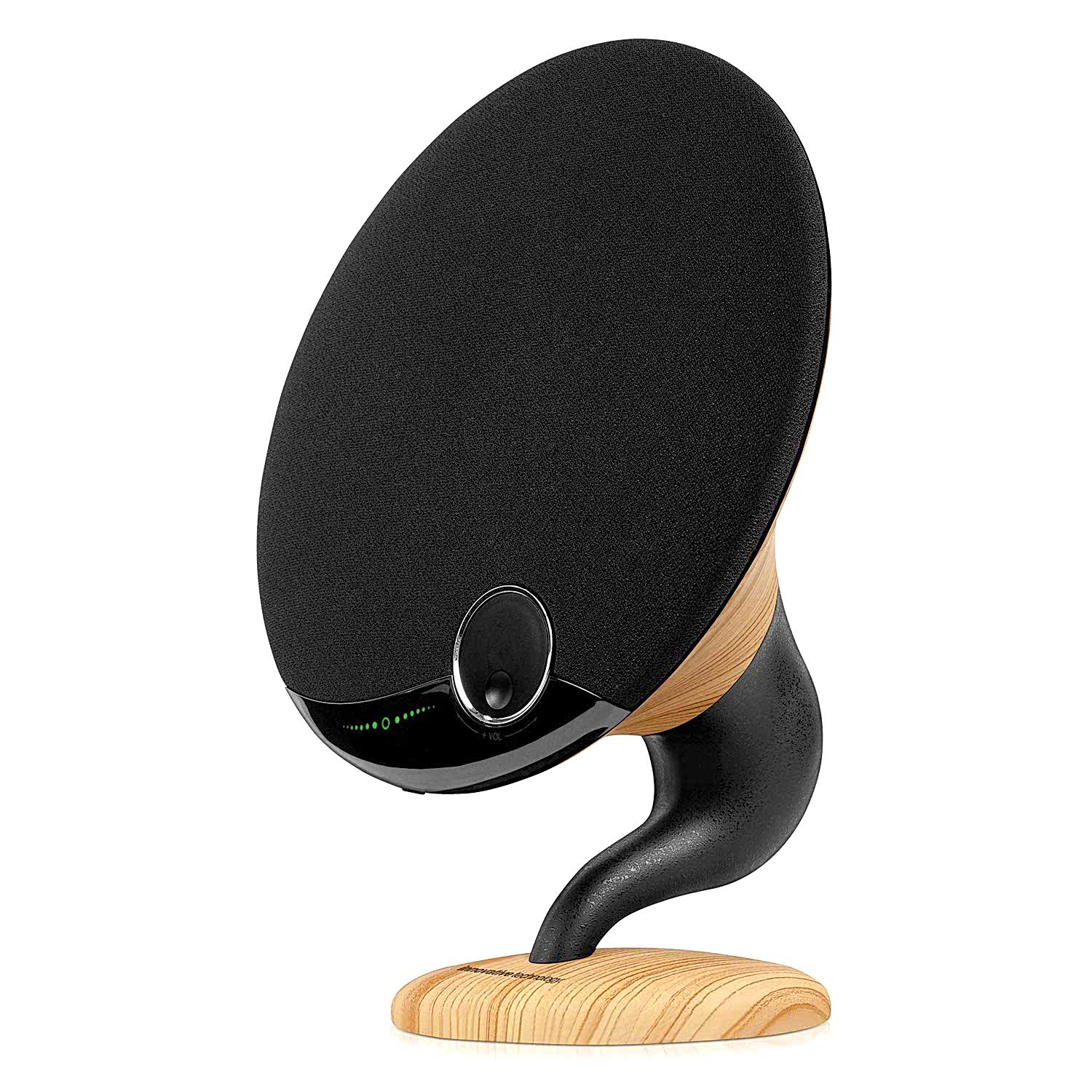 Wood and black bluetooth speaker in fluted shape of vintage music speaker