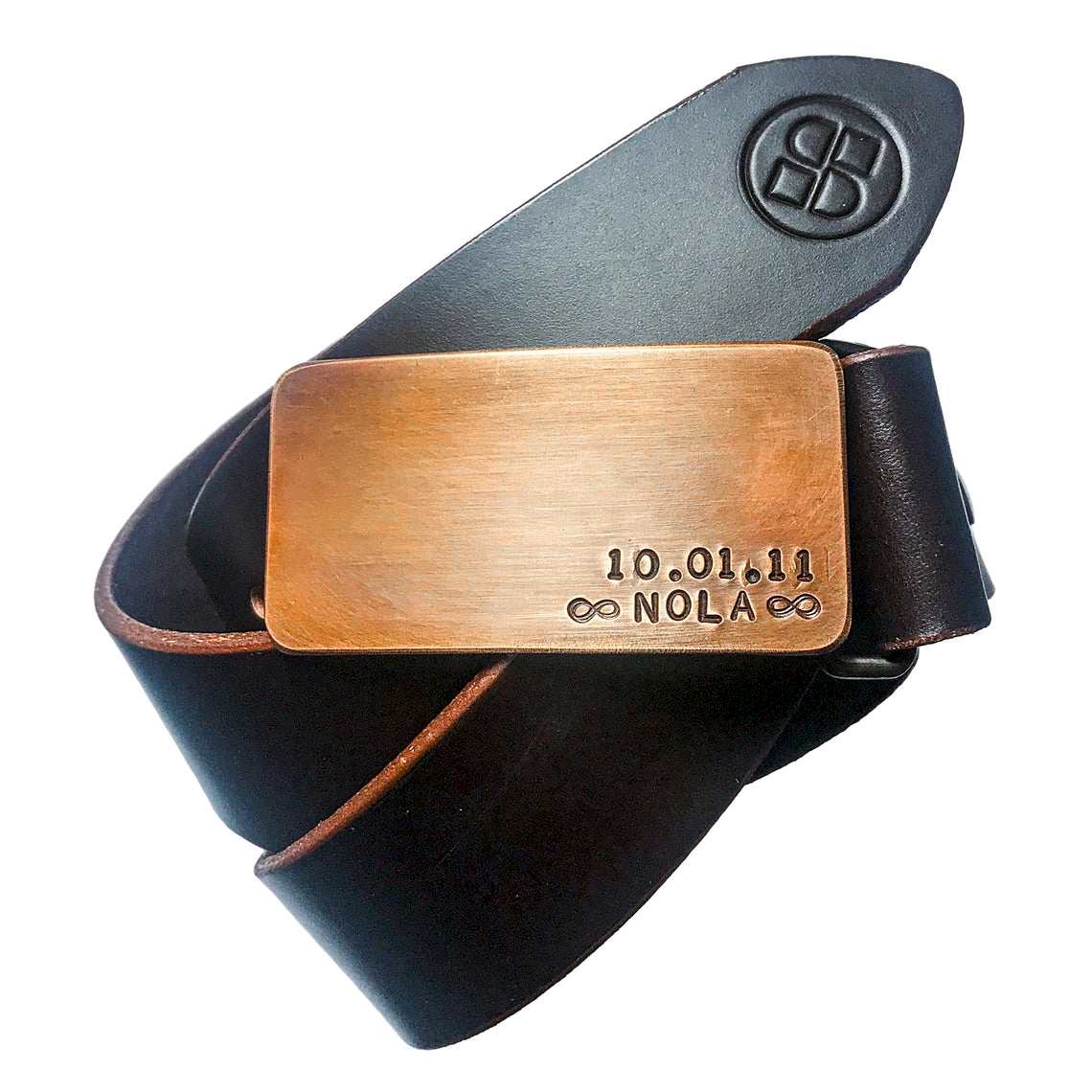 Custom embossed bronze belt buckle is a custom anniversary gift
