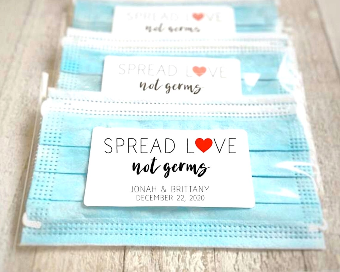 2020 fall wedding ideas include custom packaging and labels for masks for guests