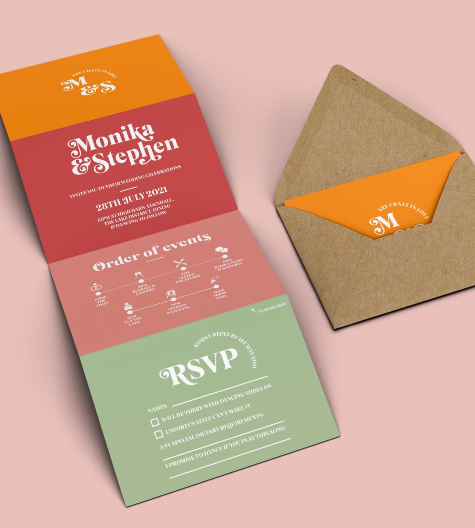 Bright colored fold out wedding invitation with modern wedding invitation wording