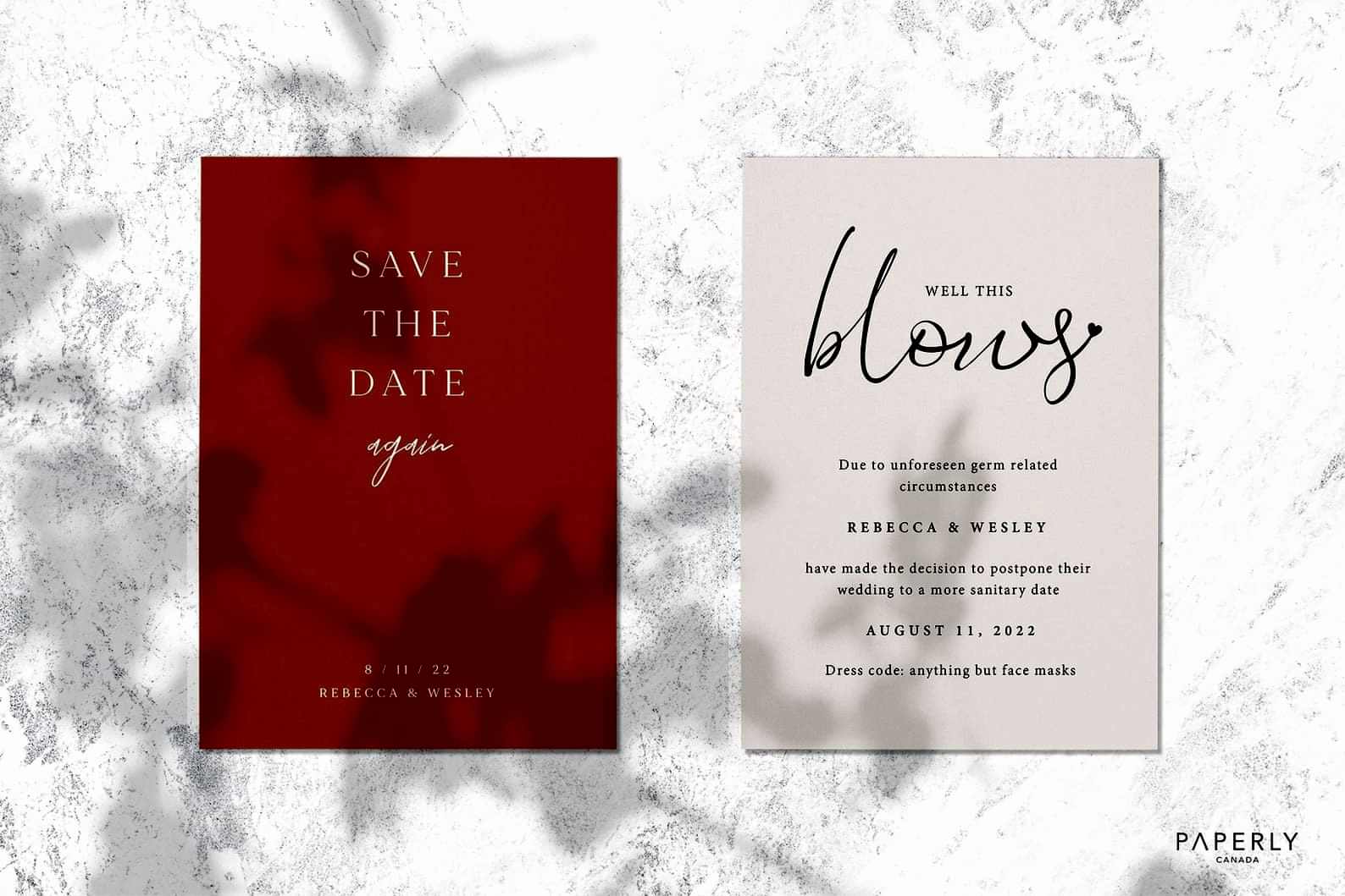 Flat lay image of a wedding save the date for 2020 rescheduled wedding