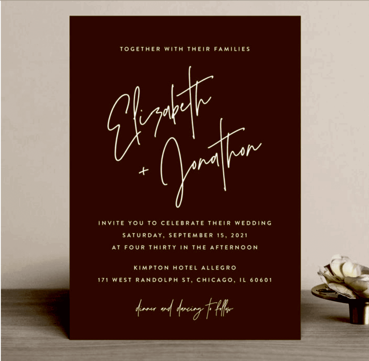 Mustard yellow wedding invite with white font