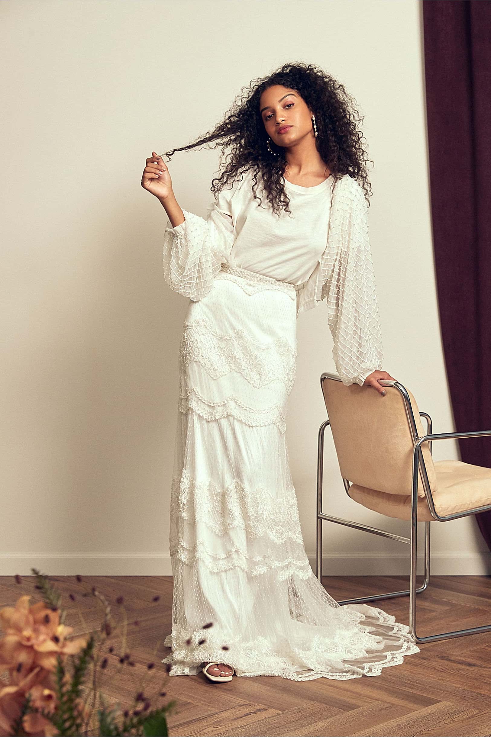 woman wearing bridal separates