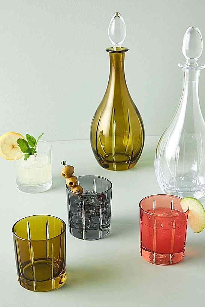 green red and black glasses with matching decanters seasonal decor