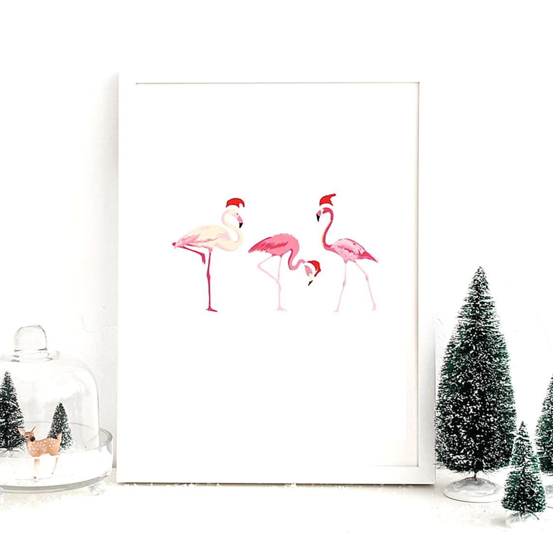 flamingos wearing santa hats print