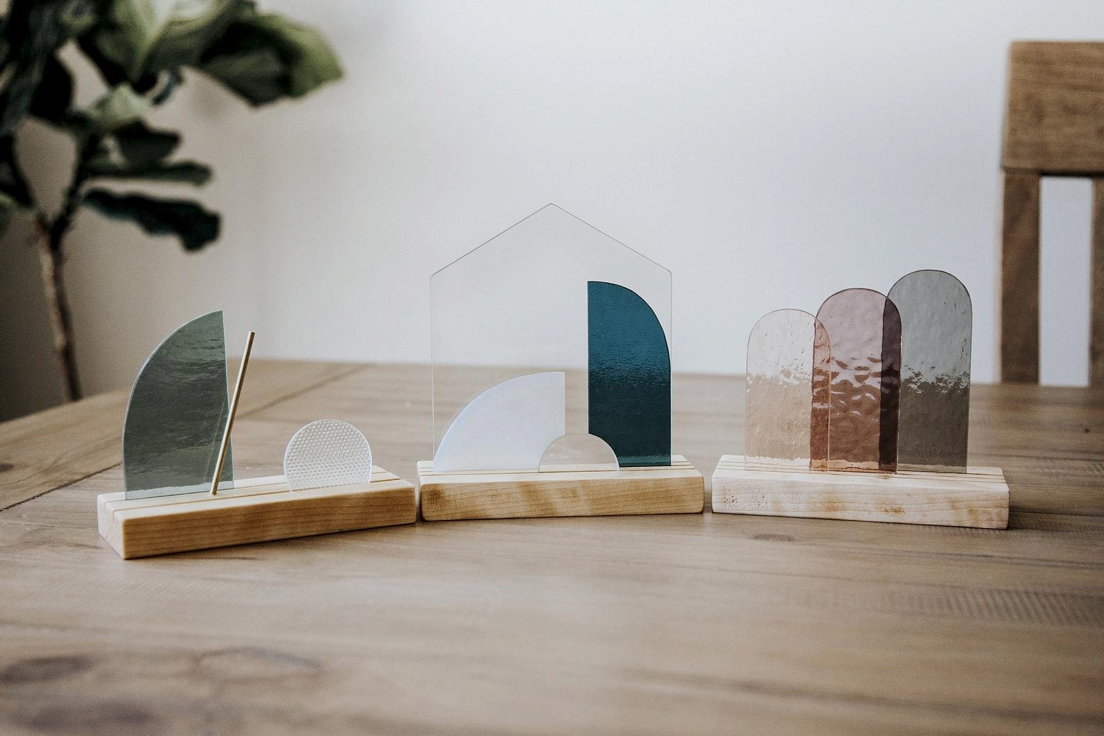 stained glass and wood nativity set