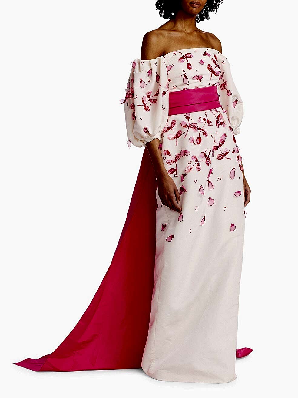 pink and white wedding dress with a pink train
