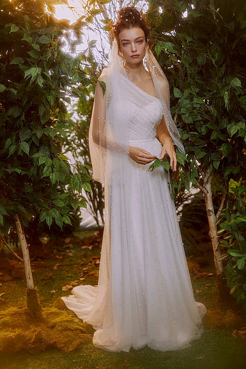 one shoulder pearl dotted spring wedding dress
