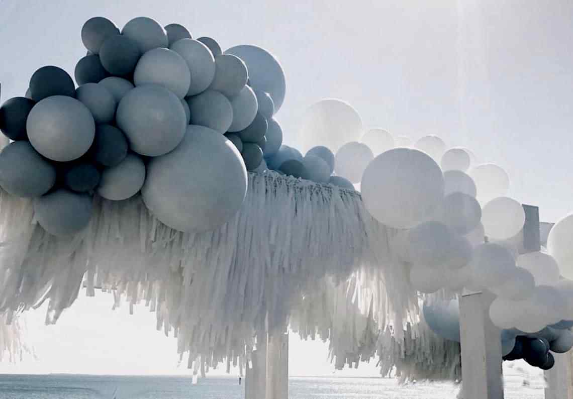 blue and white fringe and balloons