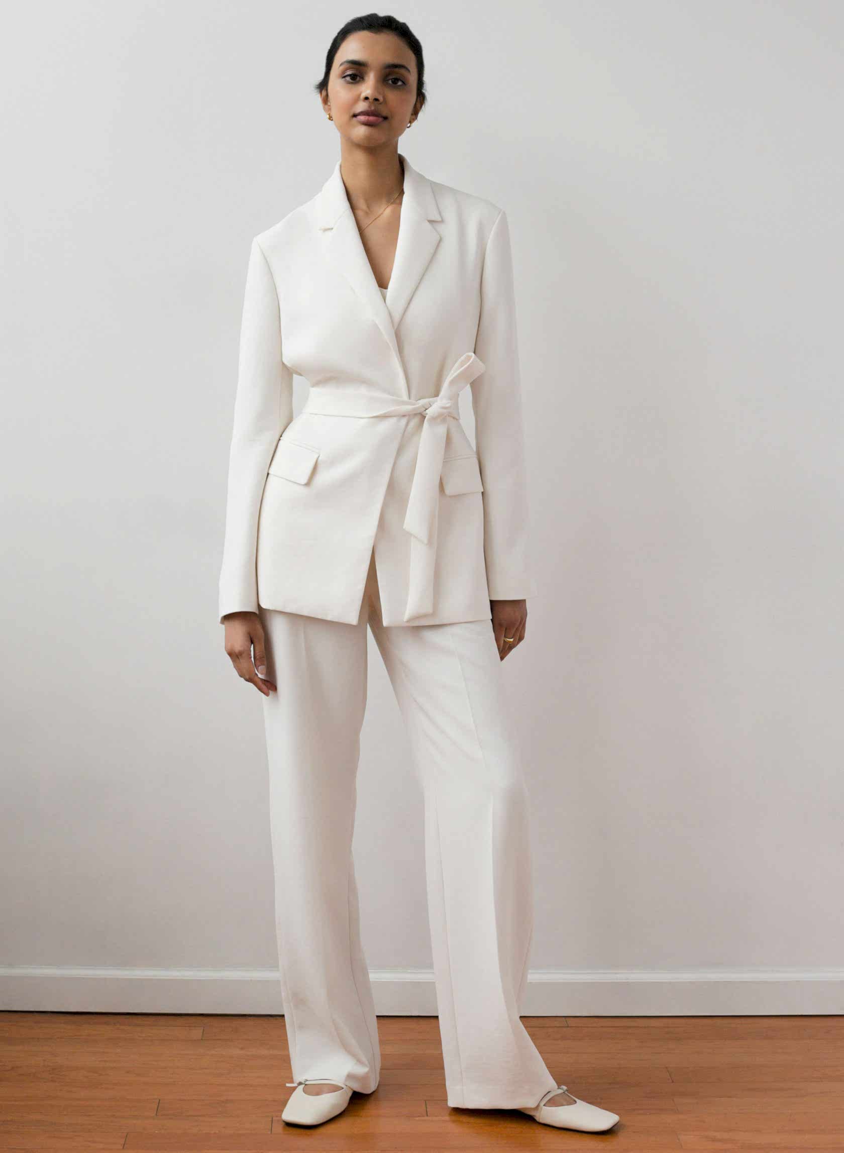 white blazer and pants courthouse wedding outfit