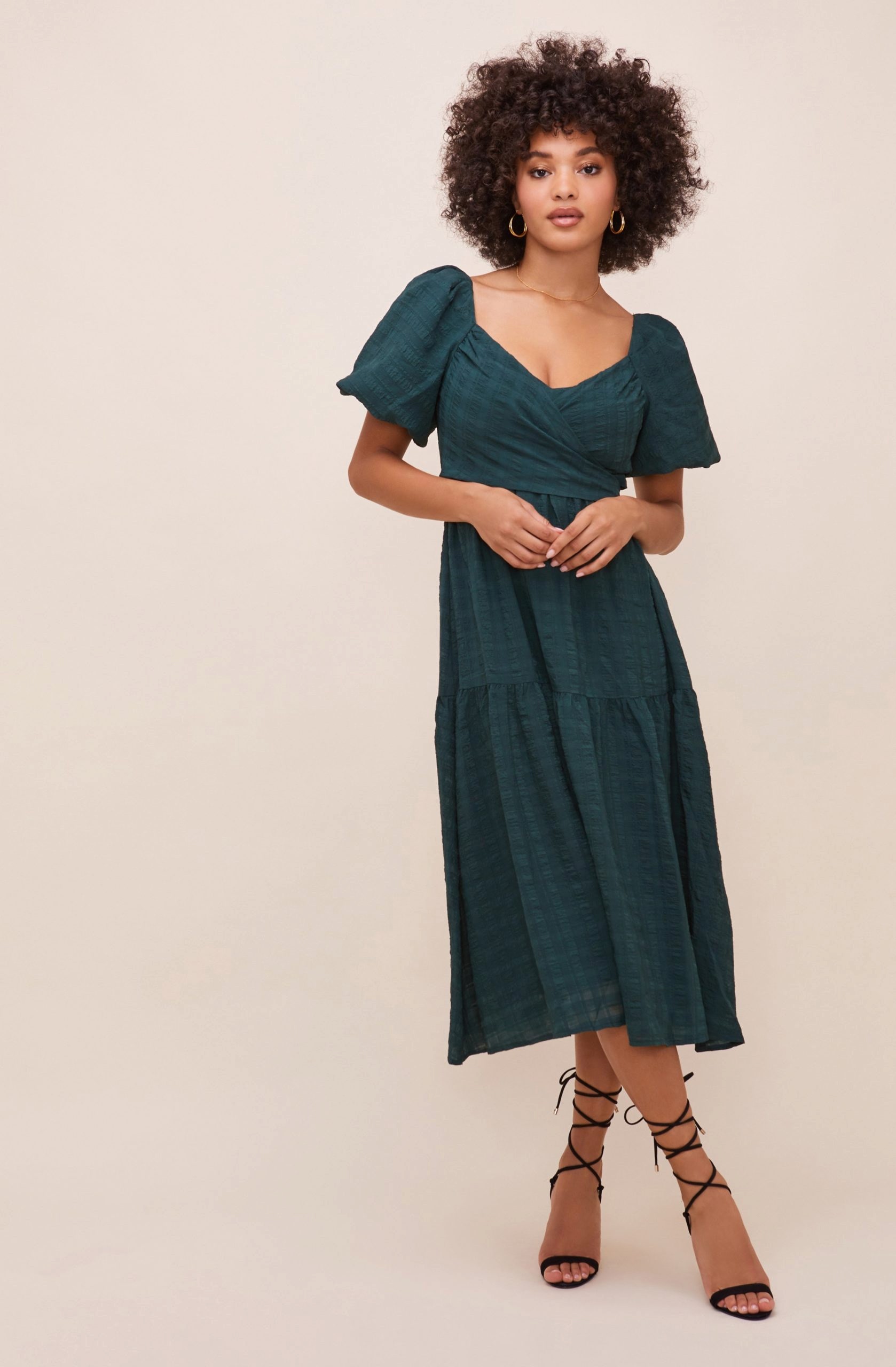 teal puff sleeve midi dress