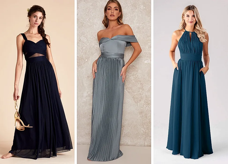 bridesmaid dresses in different shades of blue